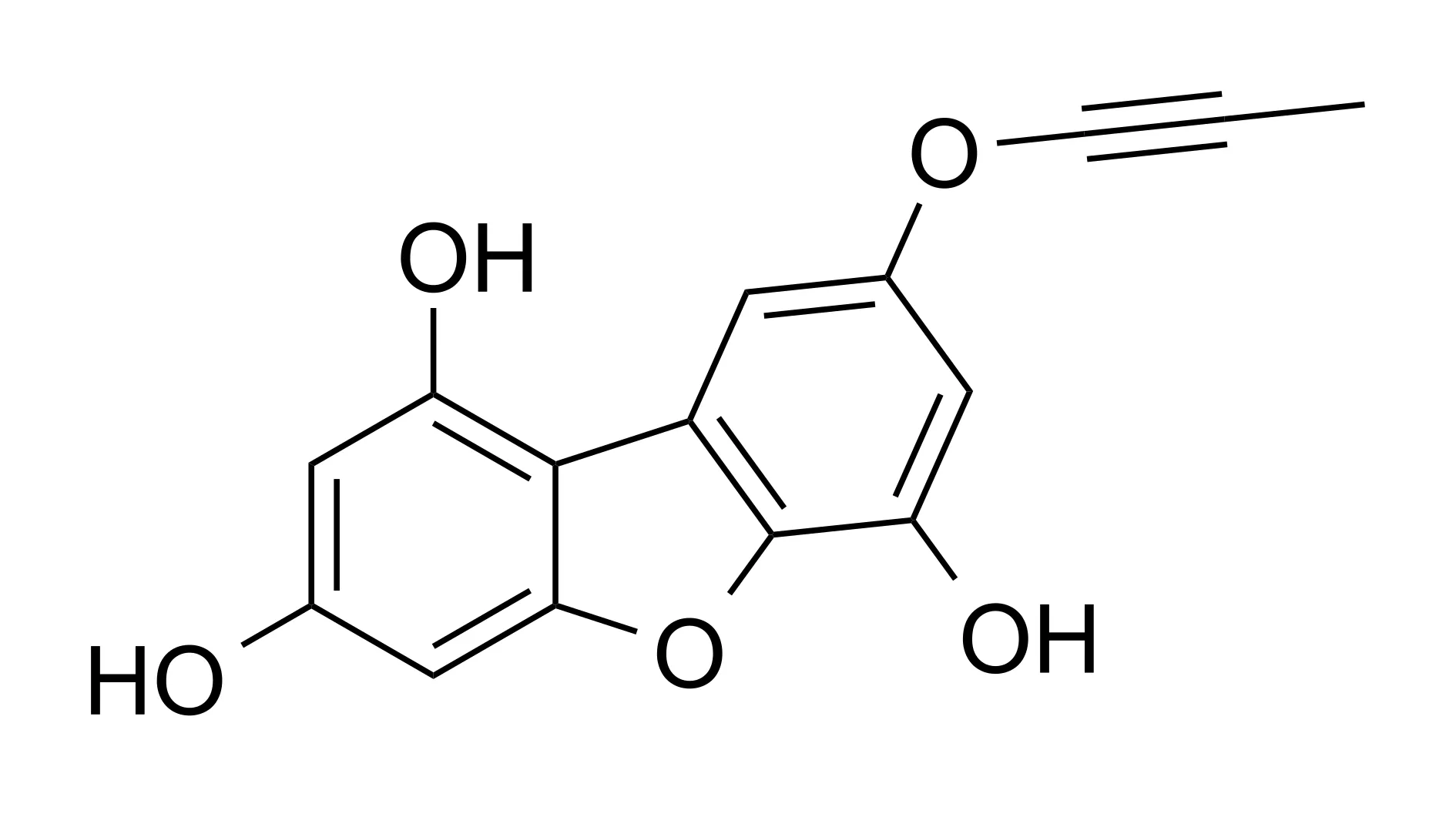 Skeletal structure of GPT-5.5's alternative SMILES CC#COc1cc(O)c2oc3cc(O)cc(O)c3c2c1: a dibenzofuran core decorated with three phenolic hydroxyl groups and a 1-propynyloxy substituent.