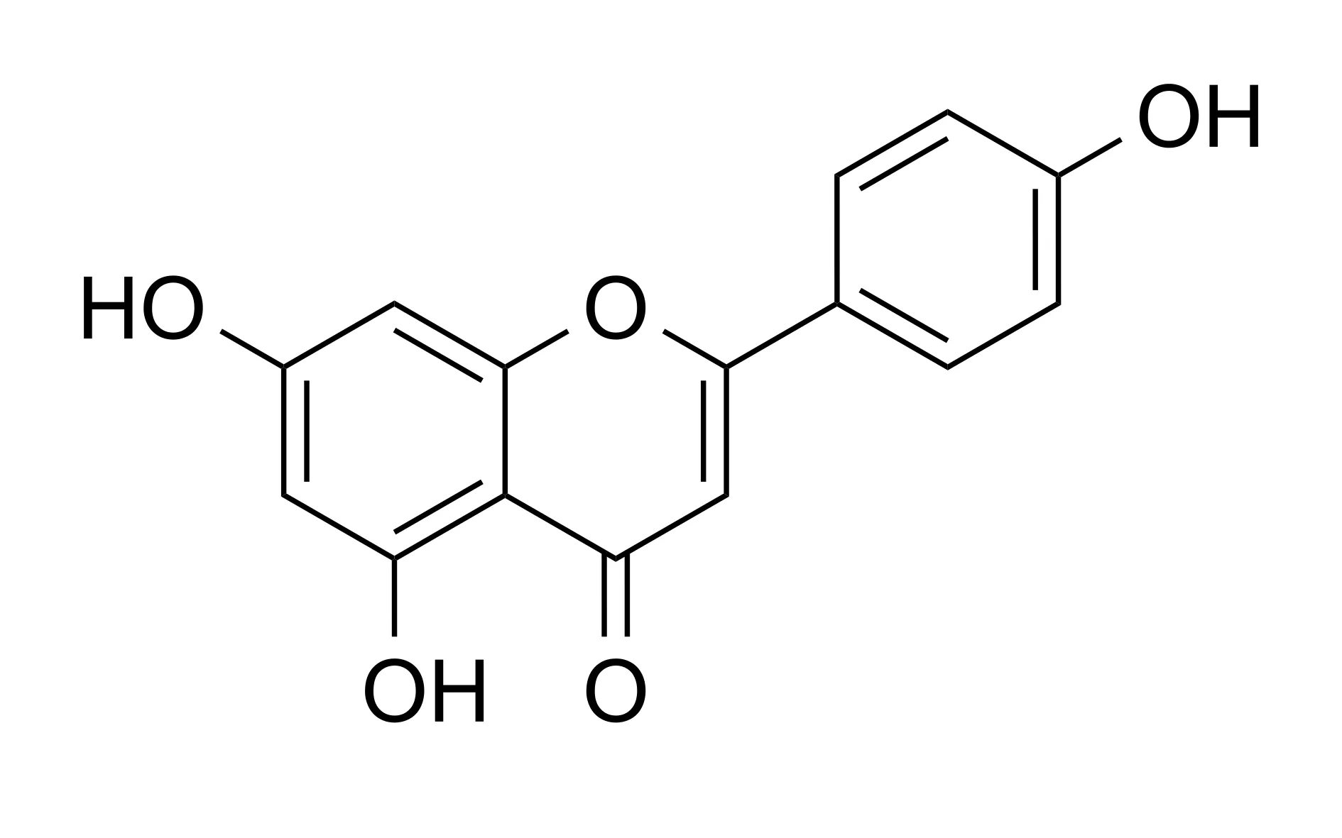 Skeletal diagram of the answer SMILES O=c1cc(-c2ccc(O)cc2)oc2cc(O)cc(O)c12: a chromone core (4-pyrone fused to a benzene ring) bearing three phenolic hydroxyl groups and a 4-hydroxyphenyl substituent, with a carbonyl oxygen on the central ring.