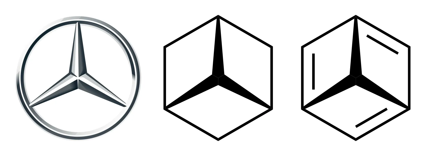 Three figures side by side: the Mercedes-Benz logo, a hexagonal ring with three bonds meeting at a central carbon, and the same skeleton drawn with two double bonds inside the ring — the rationale's proposed structure of 'mercedesbenzene'.