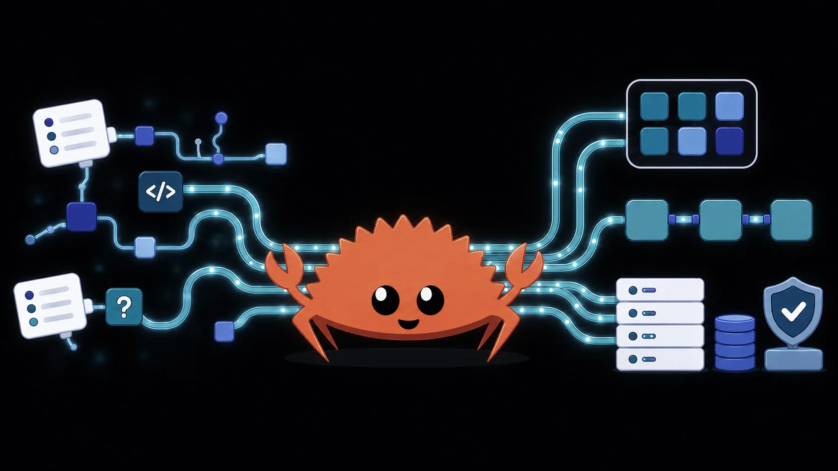 Illustration of the Rust mascot crab holding a shield with a checkmark, connected by lines to code blocks, servers, and databases.