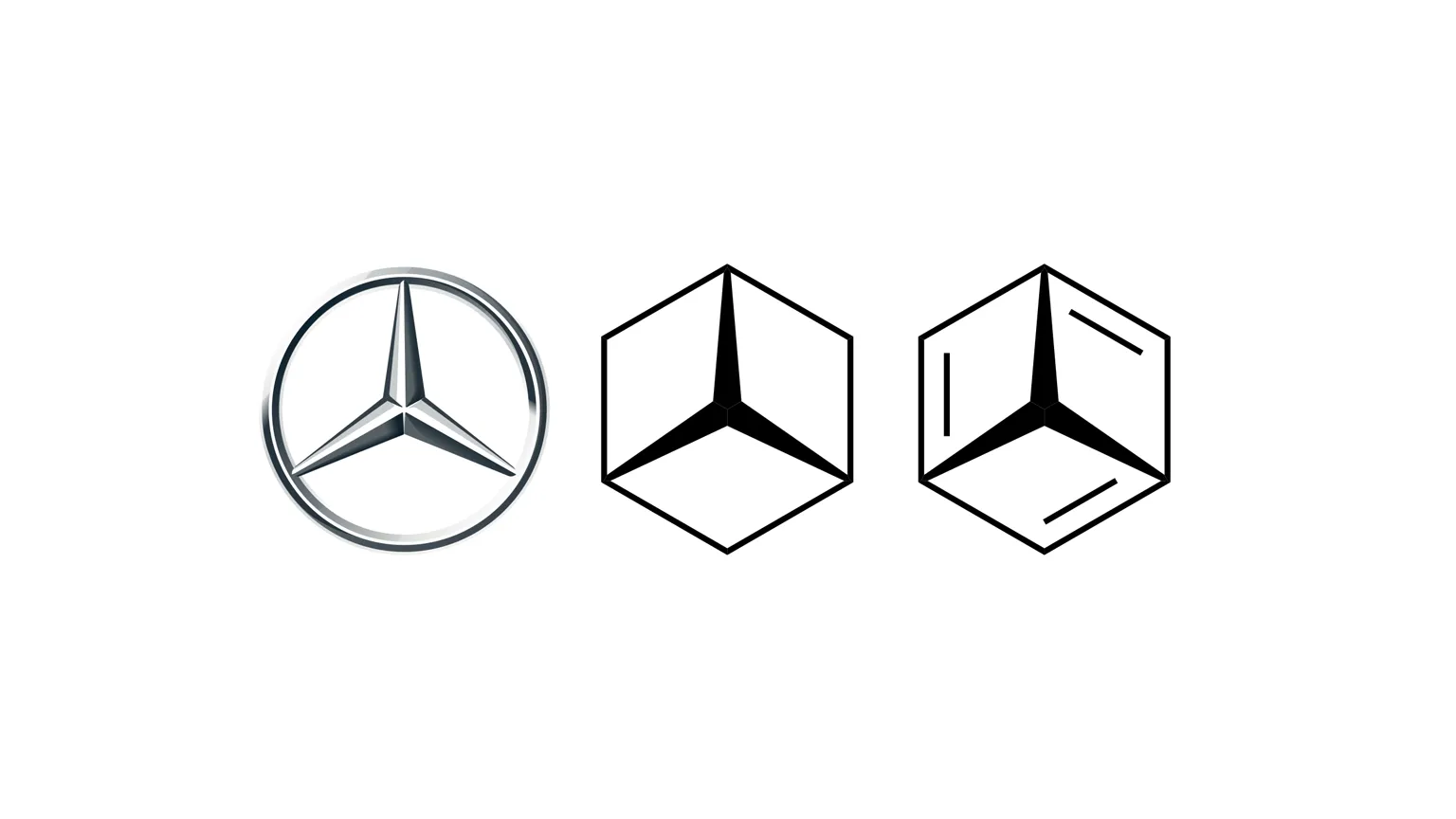 The Mercedes-Benz logo beside two skeletal diagrams of "mercedesbenzene" — a fictitious molecule from an actual HLE question, drawn as a hexagonal ring with three bonds meeting at a central carbon to mimic the iconic three-pointed star.